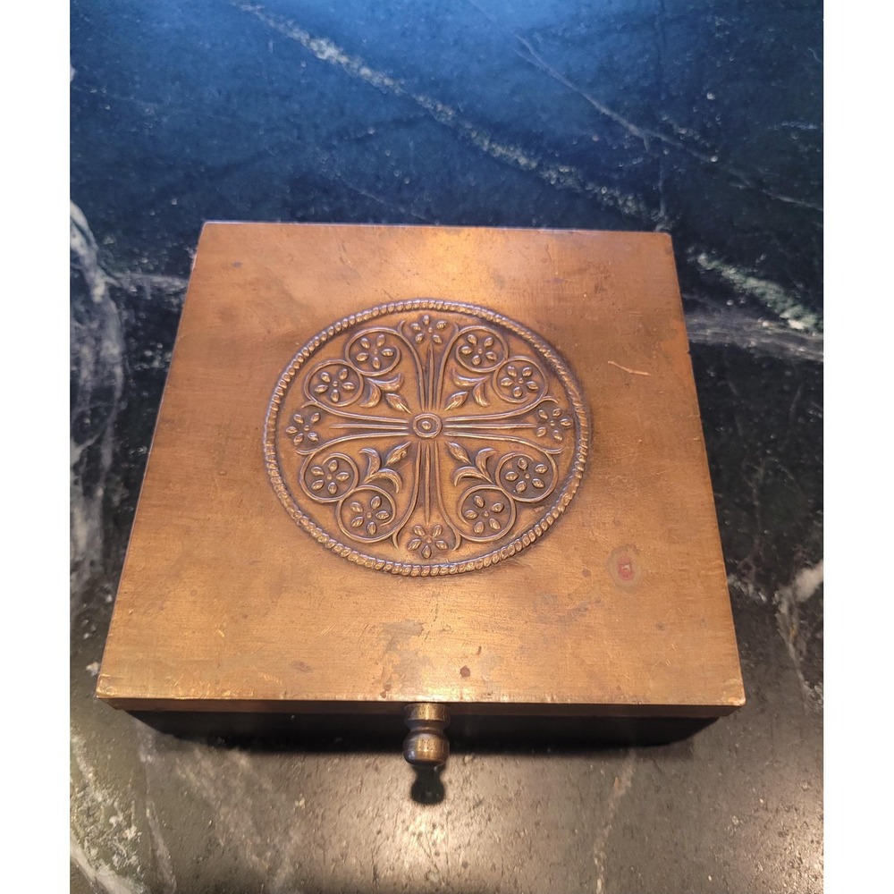 Vintage Copper Embossed‎ Wooden Trinket Box Floral Mandala Made in India Square
